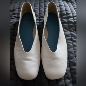 Camper White Leather Flats with Square Toe.